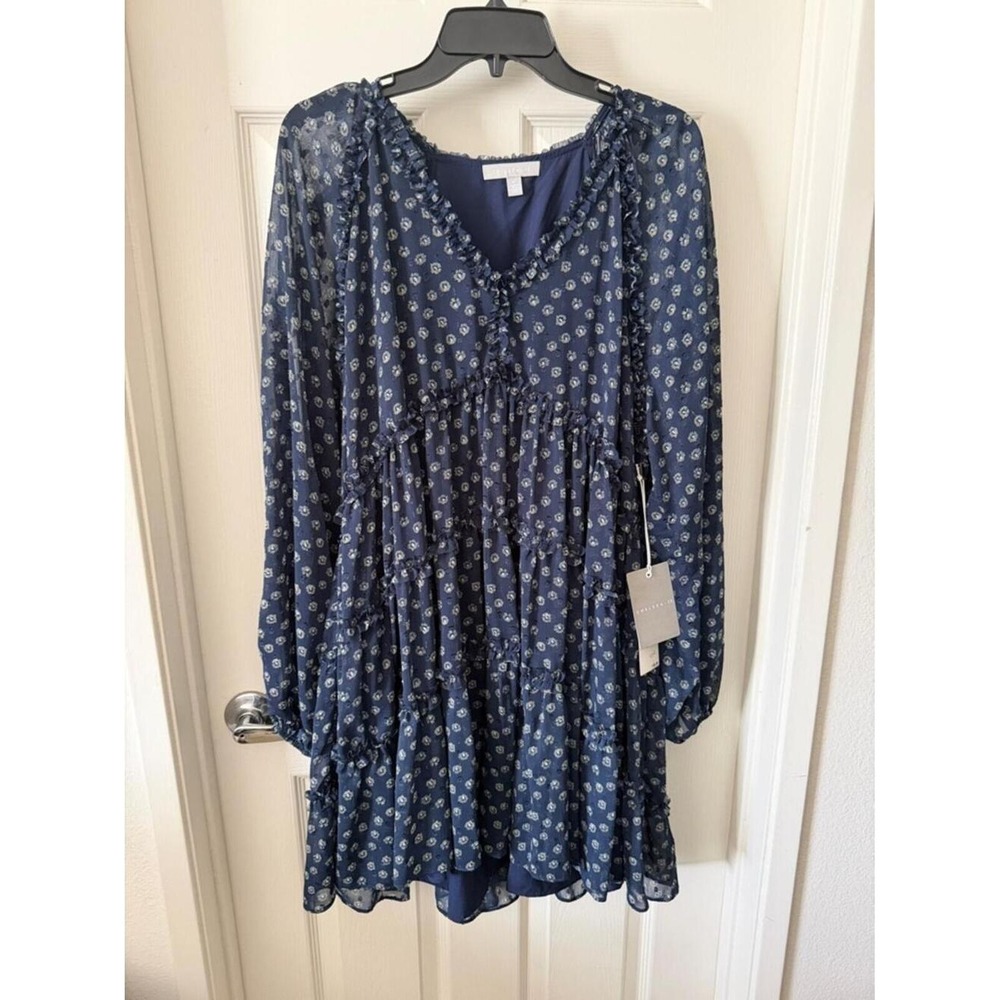 Chelsea28 Navy Floral Tiered Long Sleeve Ruffle V-Neck Mini Dress Womens XL